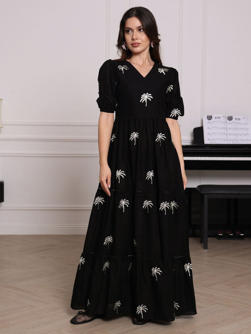 Hia Black Embroidered Palm Tree Dress