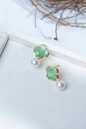 White Pearl Green Stone Earrings