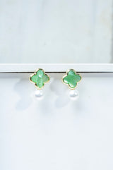 White Pearl Green Stone Earrings