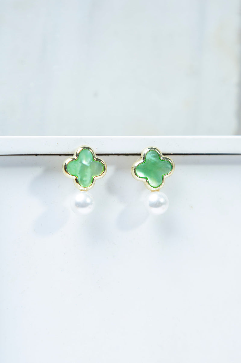 White Pearl Green Stone Earrings